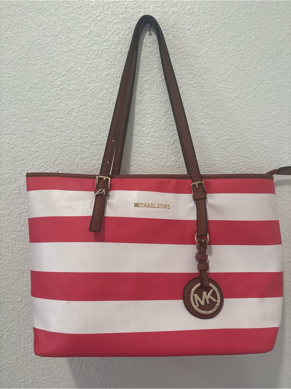 Michael Kors pink and White Striped Tote with Brown Leather Accents - Picture 2 of 12